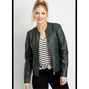 Roz & Ali Hunter Green Faux Leather Zip Up Jacket Size Small